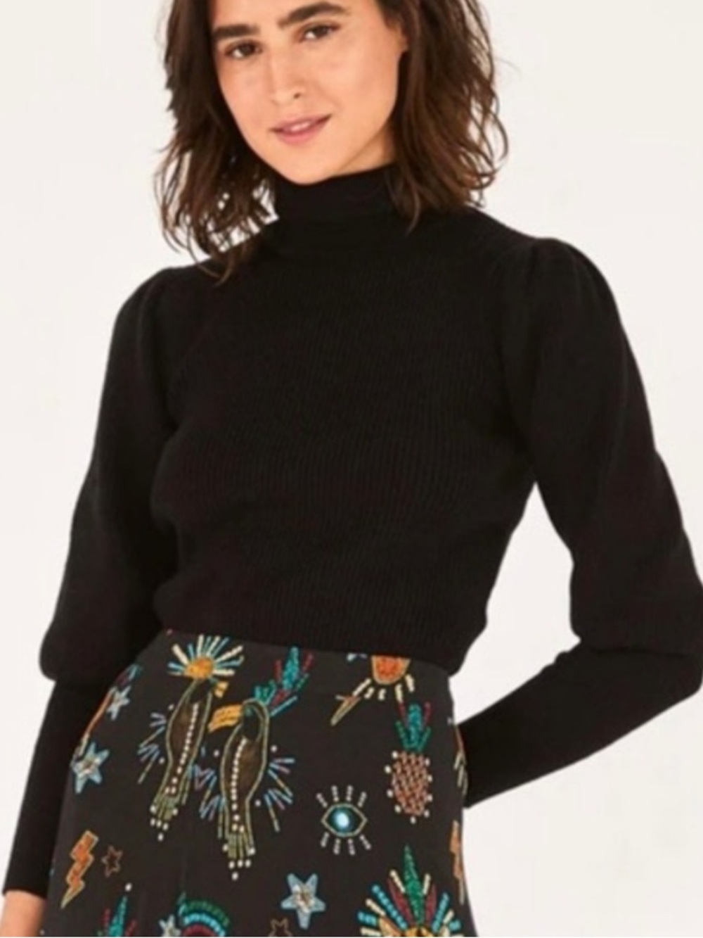 FARM Rio Black Ribbed Turtleneck Puff Sleeve Cropped Sweater M